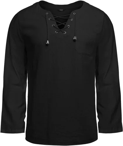 Vista 4 de DuDubaby Camisas casuales para hombre, sueltas, de moda, casuales, con cordones, manga larga, cuello en V, camisas de vestir para hombre