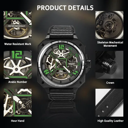 Vista 3 de Automatic Watches for Men,Stainless Steel Case with Leather Band,50M Waterproof Men Mechanical Wrist Watches