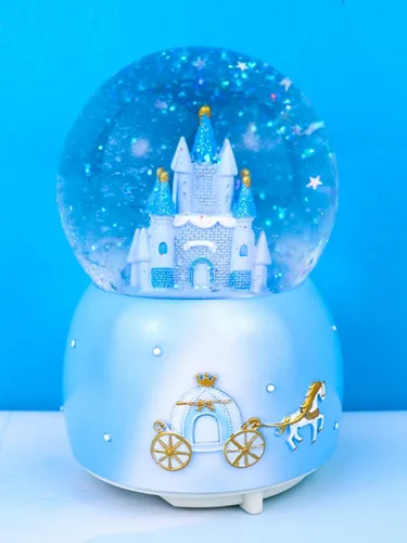 Vista 2 de Caja de música con forma de globo de nieve de castillo, luz musical, Navidad, casa de nieve Azul