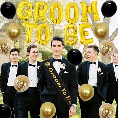 Vista 3 de Decoraciones de soltero para hombres – Banda de novio, globos y accesorios para fotos – Negro y dorado – Ducha de novio y suministros de fiesta