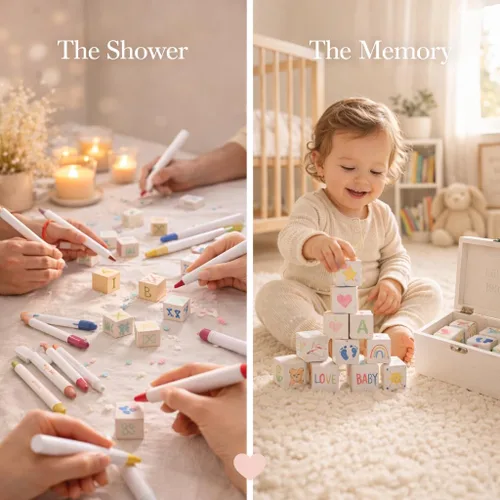 Vista 3 de Nolia Baby Shower Blocks Decorating Game – 48 White Wooden Cubes to Decorate, Storage Box, 12 Acrylic Markers & Instruction Sign