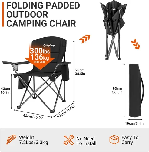 Vista 2 de KingCamp Sillones plegables portátiles acolchados para exteriores con portavasos integrado, funda térmica aislada y bolsillo de almacenamiento Negro