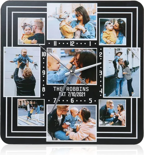 Vista 17 de Reloj personalizado con marcos familiares, decoración de pared, multifoto, grabado con nombre y fecha, relojes digitales inusuales de madera