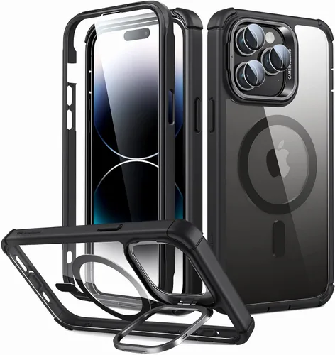 Vista 8 de ESR - Funda completa para iPhone 14 Pro Max, con soporte, MagSafe, a prueba de caídas de grado militar, protector de pantalla incorporado de vidrio