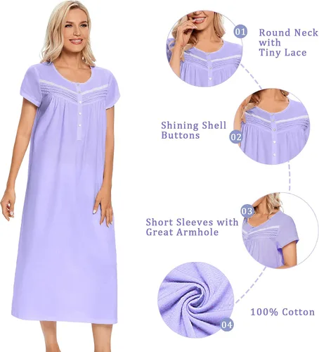 Vista 3 de IZZY + TOBY Camisón de algodón para mujer, largo, ligero, manga corta, suave, pijama