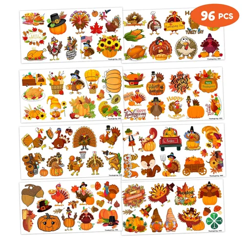 Vista 2 de Tatuajes temporales de Feliz Acción de Gracias, Hola Otoño Otoño Decoración de Fiesta de Cumpleaños Suministros Favores Decoración 96 Piezas Lindas