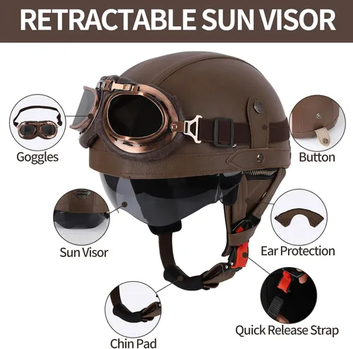 Vista 4 de Cascos de Motocicleta de Estilo Alemán, Medio Casco de Cuero Retro, Aprobado por el DOT, para Adultos, Hombres y Mujeres, Casco de Media Cara Marrón