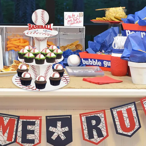 Vista 5 de Soporte para cupcakes de fiesta temática de béisbol de 3 niveles