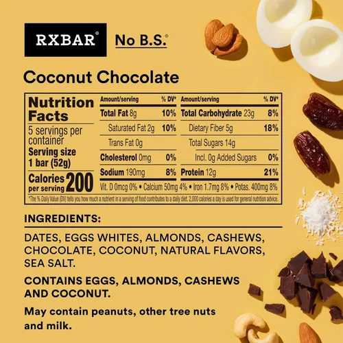 Vista 2 de RXBAR Barras de proteínas, 0.44 oz de proteína, aperitivos sin gluten, chocolate de coco (6 cajas, 30 barras)