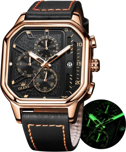 Vista 13 de OLEVS Relojes cuadrados para hombre, cronógrafo de cuero marrón, reloj de negocios de moda, luminoso, impermeable, relojes de pulsera casuales