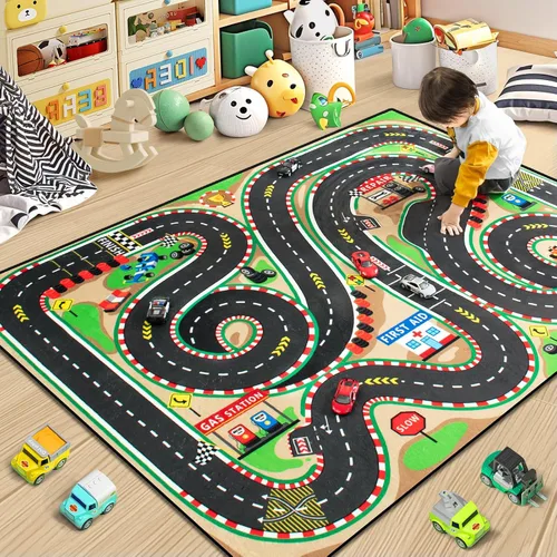 Vista 10 de Alfombra para niños, alfombra de carretera para niños con sistema combinado de tráfico urbano, alfombra de coche y alfombra de juego de aeropuerto
