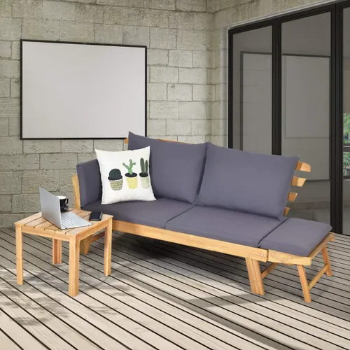 Vista 5 de Tangkula Sofá Cama Convertible de Madera de Acacia para Patio con Reposabrazos Ajustable, Sofá Cama de Exterior con Cojín y Almohadas, Banco Sofá