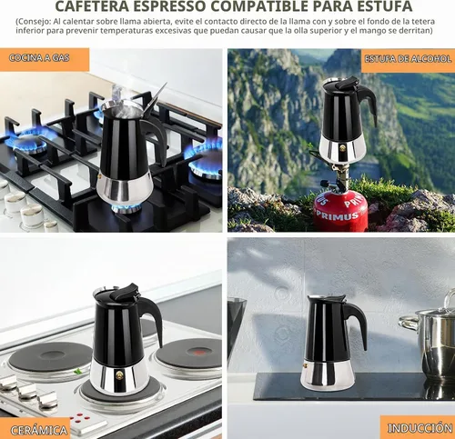 Vista 5 de 2 tazas de 3.4 fl oz Moka Pot de acero inoxidable, cafetera para estufa, cafetera italiana, estilo clásico, Greca Café, máquina de moca para Negro