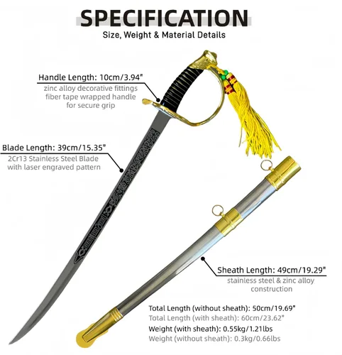 Vista 2 de Espada de comando ceremonial con funda a juego, hoja de patrón láser 2Cr13 23.6 in/23.6 pulgadas de longitud total 1.2 lbs/1.21 libras