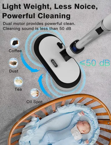 Vista 7 de Eous - Trapeador eléctrico inalámbrico, limpiador de suelo autopropulsado con faros LED y rociador de agua, limpiador giratorio de doble motor