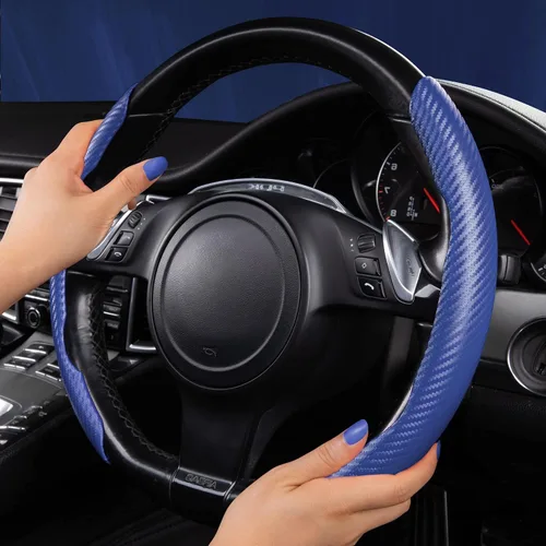 Vista 2 de CAR PASS Funda de volante de fibra de carbono, protector de rueda segmentada, accesorios deportivos antideslizantes para automóvil, ajuste universal