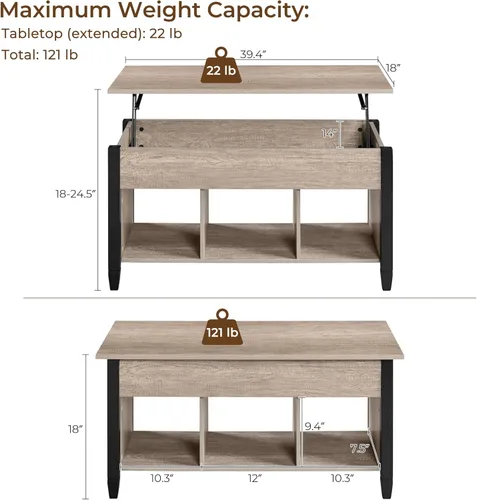 Vista 3 de Yaheetech Mesa auxiliar gris, mesa de centro elevable con compartimento oculto y estante, mesa de comedor elevable para sala de estar, recepción