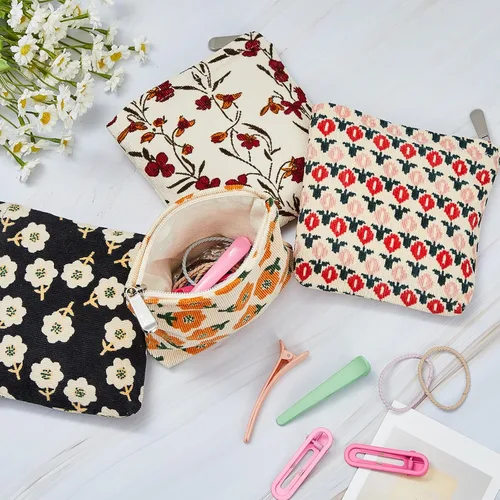 Vista 5 de Abbylike 4 piezas de bolsa de maquillaje floral, bolsa de cosméticos de pana con cremallera, pequeñas bolsas portátiles para bolso, mini bolsa