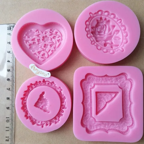 Vista 7 de Mini boda rosa esquina espejo marco de fotos corazón redondo cuadrado ovalado silicona Fondant molde decoración pastel pastel juego de 4