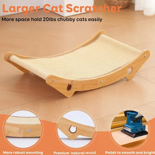 Vista 2 de Cama rascador de sisal para gatos, hamaca de madera natural, almohadilla rascador extra grande