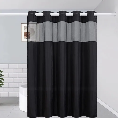 Vista 11 de Furlinic Cortina de ducha pequeña de 36 x 72 pulgadas, no necesita ganchos, cortinas de baño de tela de tamaño medio con ventana transparente, Gris