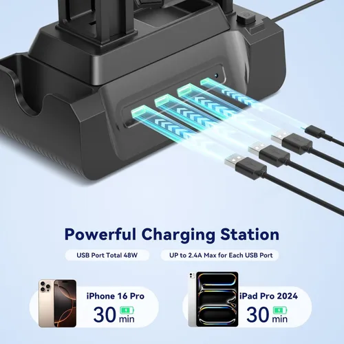 Vista 3 de KDD Estación de carga para múltiples dispositivos - Base de carga de 4 puertos con controlador y soporte para auriculares - 3 USB A y 1 USB C