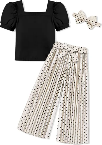 Vista 59 de DONWEN Conjunto de 3 piezas de ropa para niñas pequeñas y niñas con cuello cuadrado + pantalones elegantes + diadema para primavera y verano
