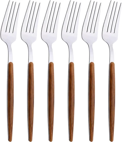 Vista 12 de Juego de cubiertos de acero inoxidable con mango de efecto de madera Cubiertos pulidos con espejo plateado, utensilios de cocina para el hogar