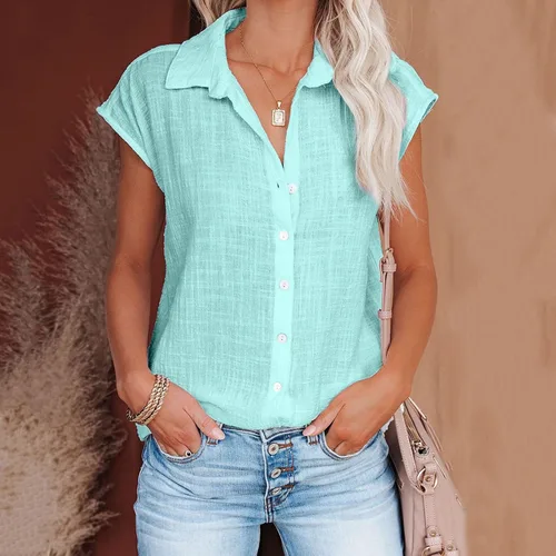 Vista 33 de Ceboyel Camisas para mujer de moda de verano, algodón, lino, manga corta, cuello con botones, blusa casual para mujer 2023