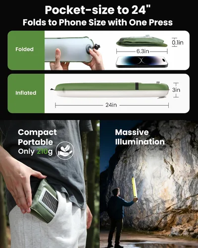 Vista 2 de Luces solares para campamento recargables, 4 modos de iluminación, lámpara inflable impermeable IP66 para senderismo, mochileros, supervivencia