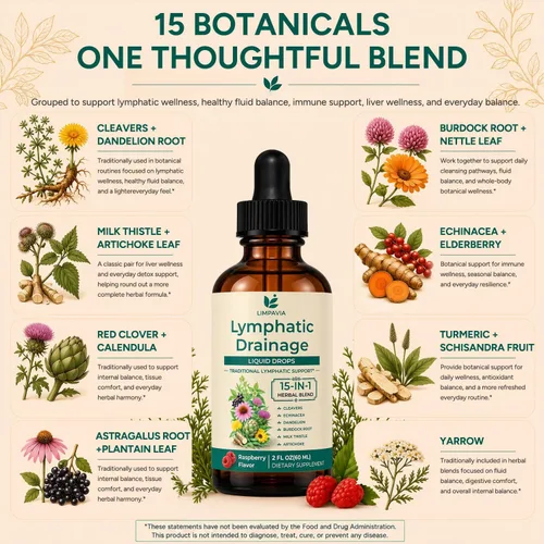 Vista 4 de Gotas de drenaje linfático, suplemento líquido 15 en 1 con cuchillas, sin alcohol, sabor vegano y frambuesa