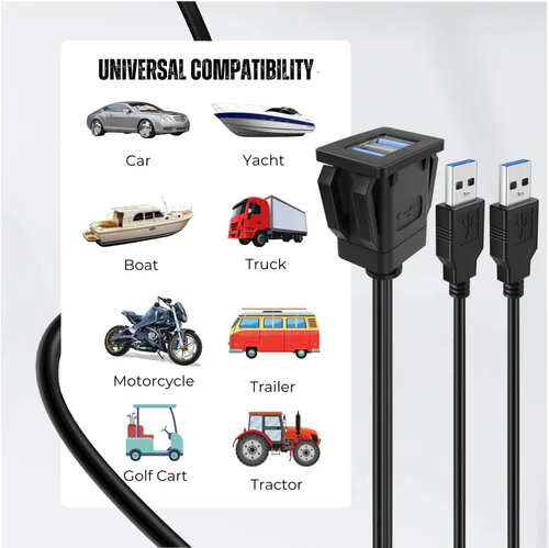 Vista 2 de TNP - Cable de montaje empotrado USB 3.0 dual con hebilla (cuadrado): montaje en tablero de salpicadero, 2 puertos, conector de enchufe USB doble
