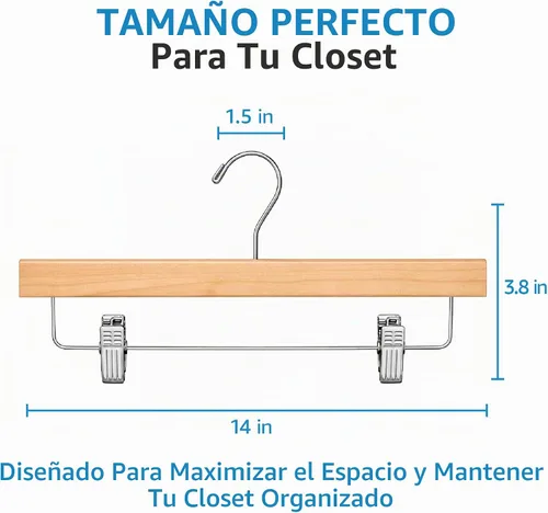 Vista 2 de ZOBER Perchas de madera para pantalones con clips, perchas para ropa Natural - Paquete de 10
