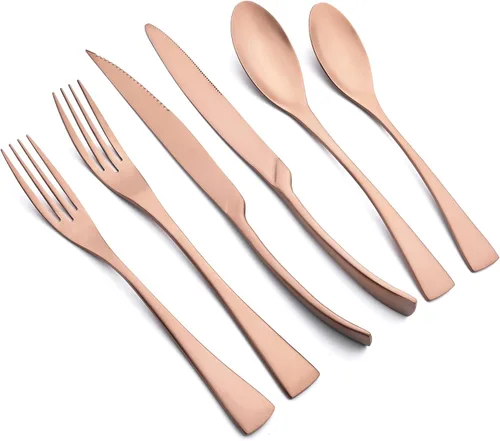 Vista 8 de Juego de cubiertos de plata mate con cuchillo para carne, 24 piezas de cubiertos pesados de acero inoxidable 18/10, juego de utensilios generosos