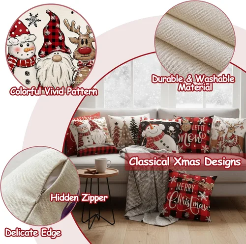 Vista 4 de Juego de 16 fundas de almohada de Navidad de 45 x 45 cm, fundas de almohada para sofá, cama, fundas de cojín decorativas de Navidad para decoración