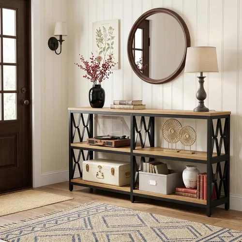 Vista 3 de LITTLE TREE Mesa consola con estantes de almacenamiento, mesa industrial de 3 niveles de 70.9 pulgadas para sala de estar, mesa larga de vestíbulo