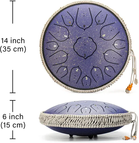 Vista 4 de Tambor de Lengua de Acero - ChunFeng 14 Pulgadas 15 Notas - Tambores de Acero para Adultos - Tambores Handpan con Libro de Música, Mazos de Tambor