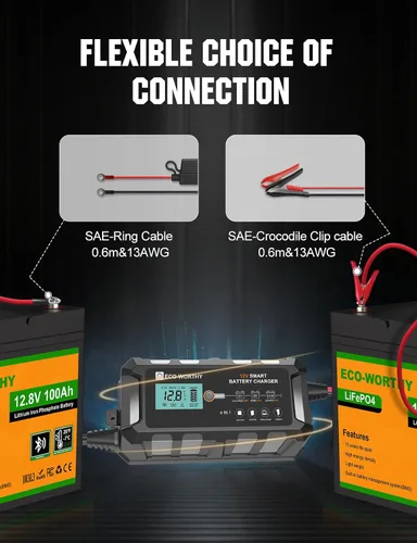 Vista 9 de ECO-WORTHY Cargador de batería LiFePO4 10A de 12 V, cargador y mantenedor de batería de litio inteligente, cargador de goteo y desulfatador