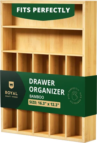 Vista 12 de ROYAL CRAFT WOOD Organizador de cajones de cocina de bambú de lujo, organizador de cubiertos, soporte para utensilios y bandeja de cubiertos