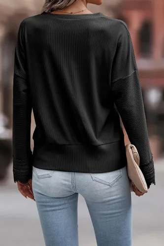 Vista 5 de ECOWISH Blusas de manga larga con cuello en V y encaje sólido para mujer estilo casual para otoño invierno estilo túnica