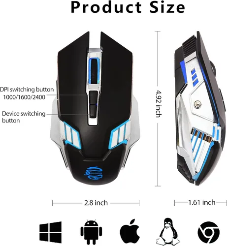 Vista 8 de Mouse Bluetooth, mouse inalámbrico recargable para juegos con teclas silenciosas, multidispositivo (BT 5.0 3.0 + USB), mouse con luz LED RGB, mouse