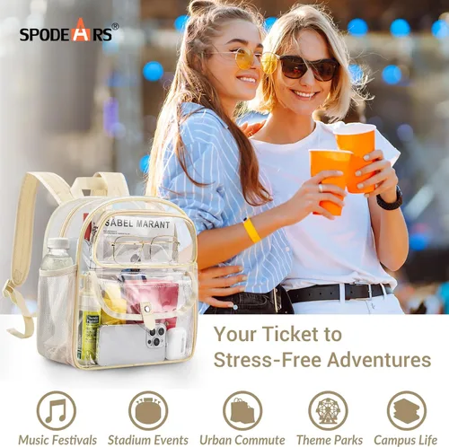 Vista 2 de SPODEARS Mochila pequeña transparente para fanáticos de los deportes, para estadio, concierto, festival y más, diseño de múltiples bolsillos, Beige