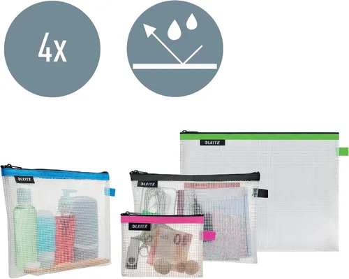 Vista 2 de Leitz Set of 4 Leitz Wow Travel Pouches, Water Resistant, Translucent, Ideal for Visible Storage and Organisation, Sizes: Small (A6), Medium (A5)