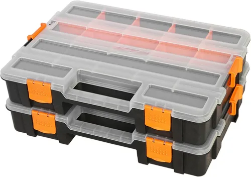 Vista 9 de Jack Boss Caja de herramientas con tapa transparente, caja organizadora de 34 compartimentos de doble cara con divisores extraíbles para herrajes