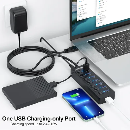 Vista 4 de Hub USB alimentado con cable de 4 pies para PC, 7 puertos de datos USB3.0 y 1 puerto de carga inteligente con adaptador de corriente e interruptores