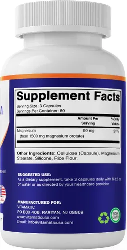 Vista 8 de Vitamatic Suplemento de orotato de magnesio – 1500 mg por porción, 180 cápsulas – Apoya la salud muscular, nerviosa y cardíaca – Sin OMG, sin gluten