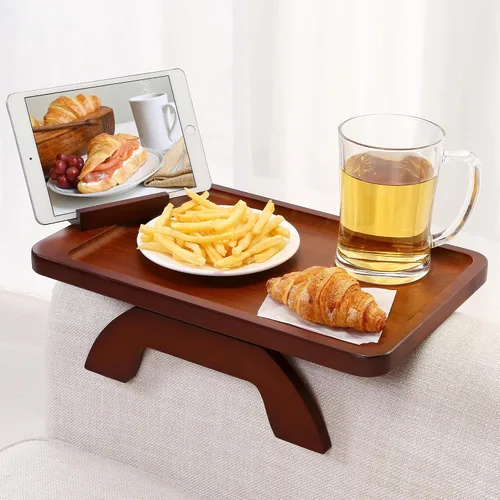 Vista 14 de SINWANT Mesa de Brazo para Sofá, Mesas de Reposabrazos de Sofá de Madera de Acacia, Mesa de Reposabrazos de Sofá con Soporte para Teléfono de 360°