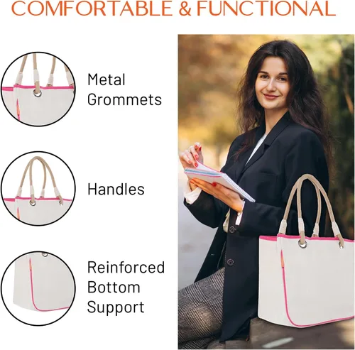 Vista 3 de Bolsa de lona con asa de cuerda para mujer, ojales de metal, perfecta para viajes, comestibles