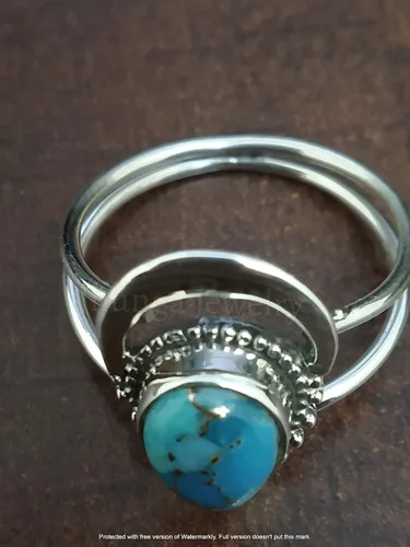 Vista 6 de Anillo azul de cobre turquesa, plata de ley 925, anillo en forma de media luna, anillo de dos bandas, Boho Chic, joyería de boda de promesa, anillo