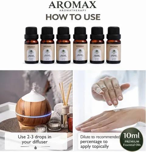 Vista 5 de Aromax - Juego de 6 aceites esenciales para regalo, lavanda, menta, sándalo, madera de teca, árbol de té y gardenia para relajación, sueño y alivio